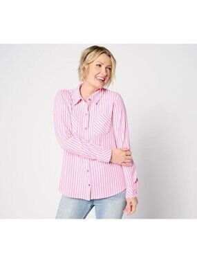 Denim & Co. Top Button Front Shirt sz S Striped Heavenly Jersey Pink A635975